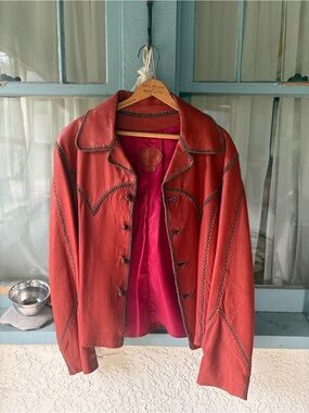North Beach Leather Red Leather Button-Front Jacket with Contrast Trim